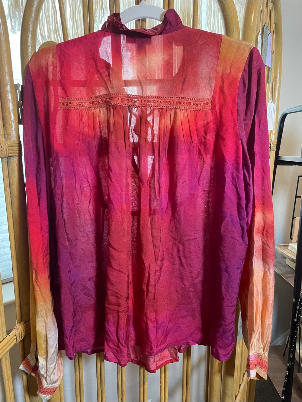 Conditions Apply Tie-Neck Ombre Peasant Blouse in Warm Sunset Colors - Picture 8 of 8